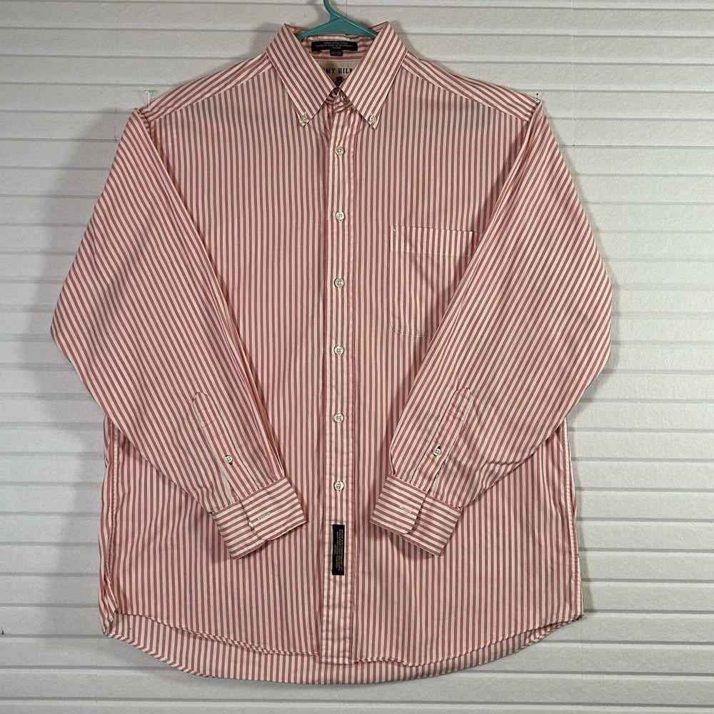 Vintage Tommy Hilfiger Mens 15.5 34 Red White Stripe Button Down Crest Shirt